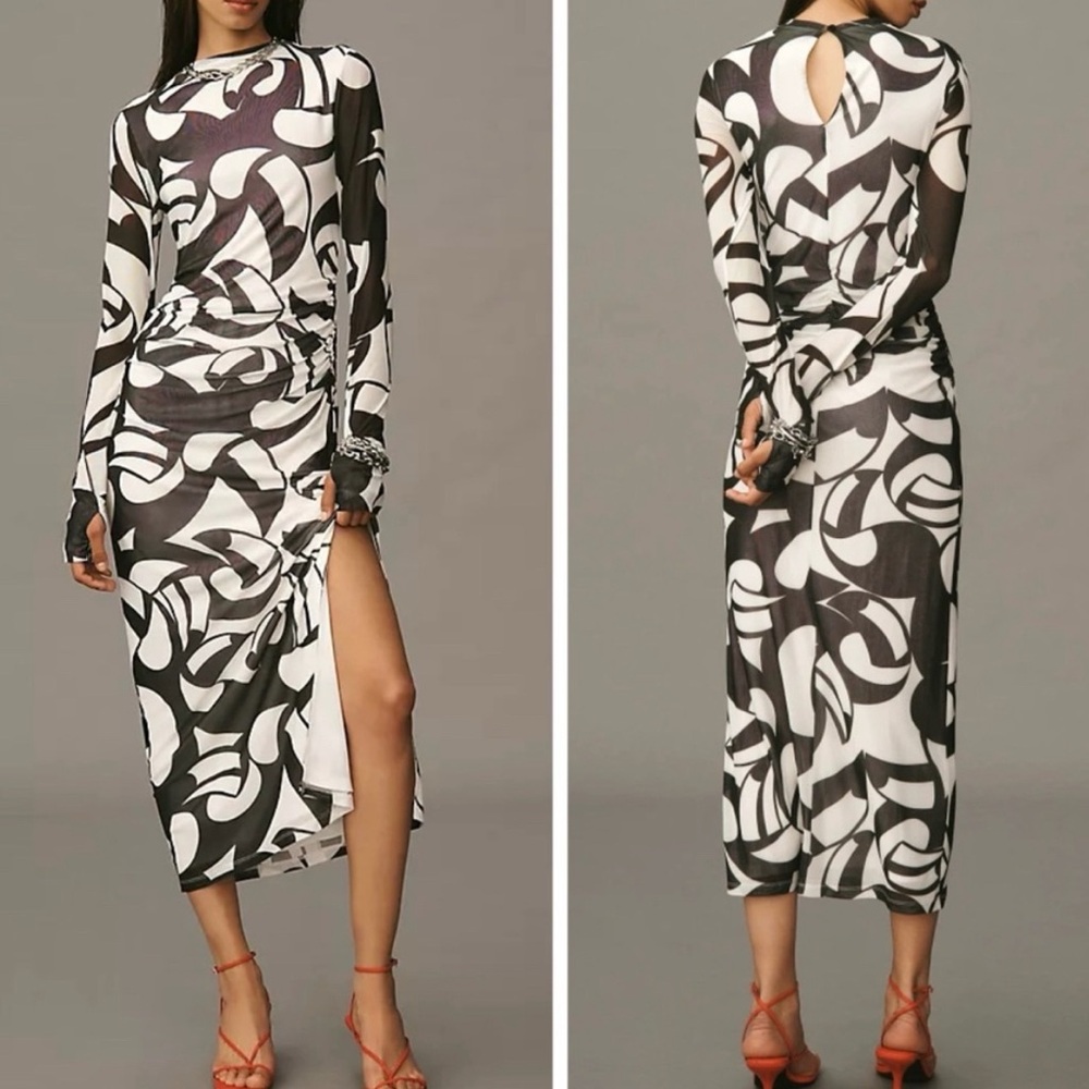 ♥️ NWT - FARM Rio for Anthropologie Black and White Midi Sheath Dress with Slit